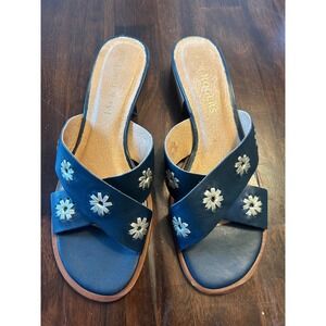 Jack Rogers Navy Blue Leather Floral Embroidered Cross Strap Block Heel Mules